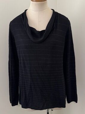 Eileen Fisher Small Merino Wool Black w/ Gray Stripes Cowl Neck Sweater Top